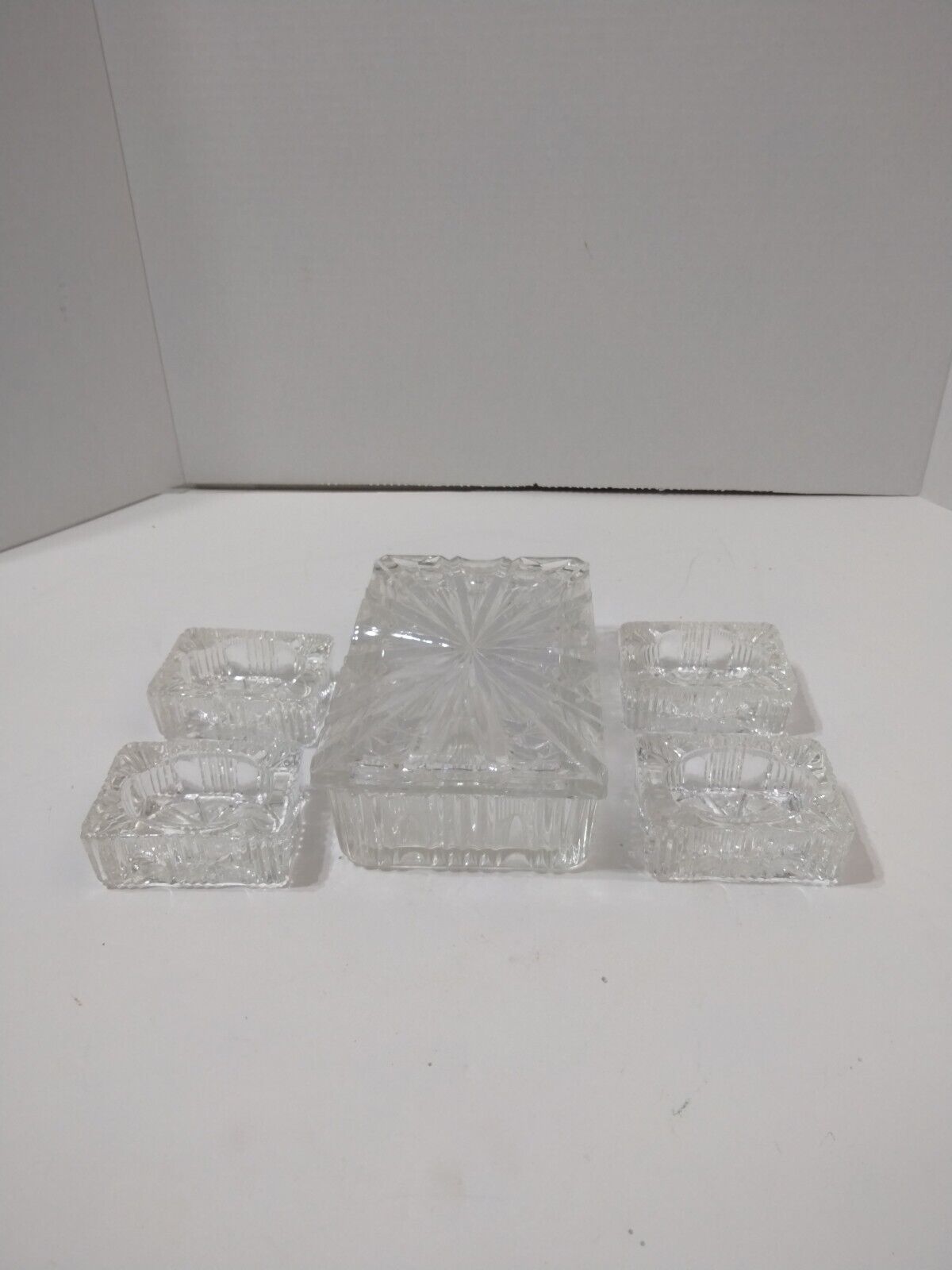 Vtg. Mid-Century Cut Glass Cigarette Box/Holder and 4 Matching Ash Trays 
