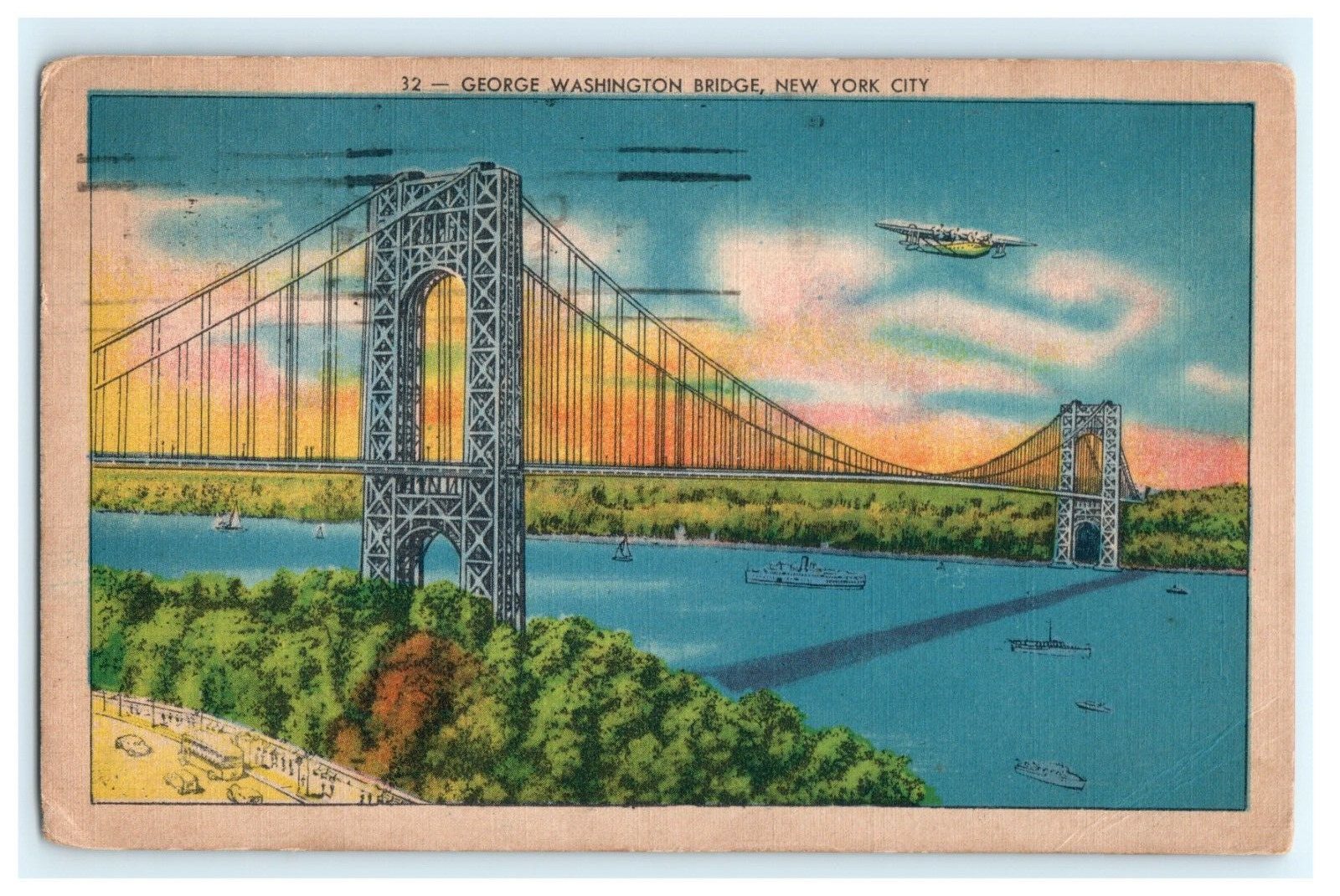 1945 George Washington Bridge New York City Early Posted Linen View