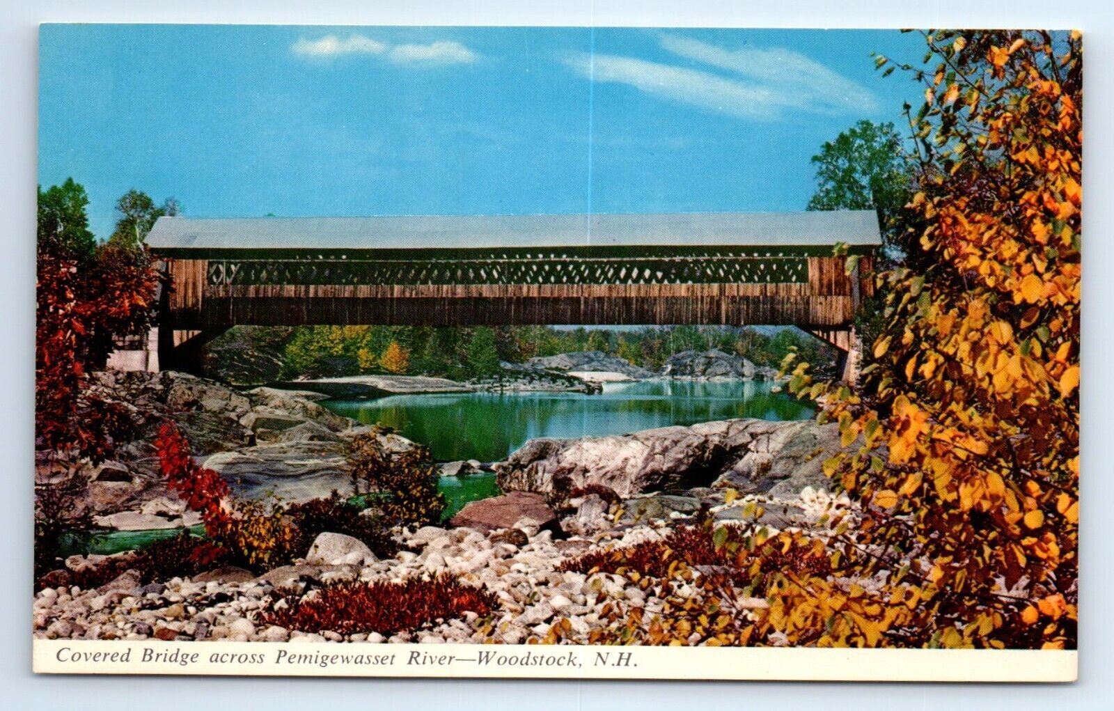 Woodstock New Hampshire NH Covered Bridge Pemigewasset River Postcard c.1960