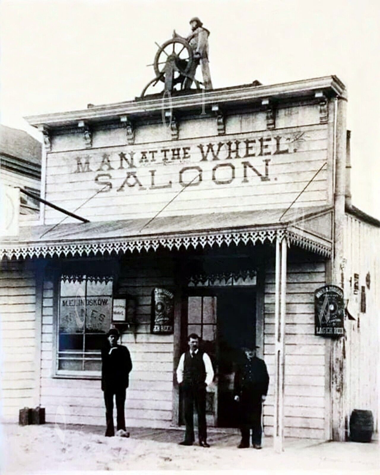 ANTIQUE OLD WEST REPRODUCTION  8X10 PHOTOGRAPH PRINT OF MAN AT THE WHEEL SALOON
