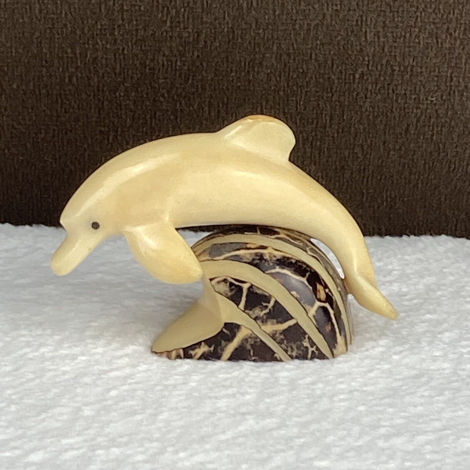 Dolphin Jumping Wave Tagua Nut \'Vegetable Ivory\' Hand Carved Fish Figure Ecuador
