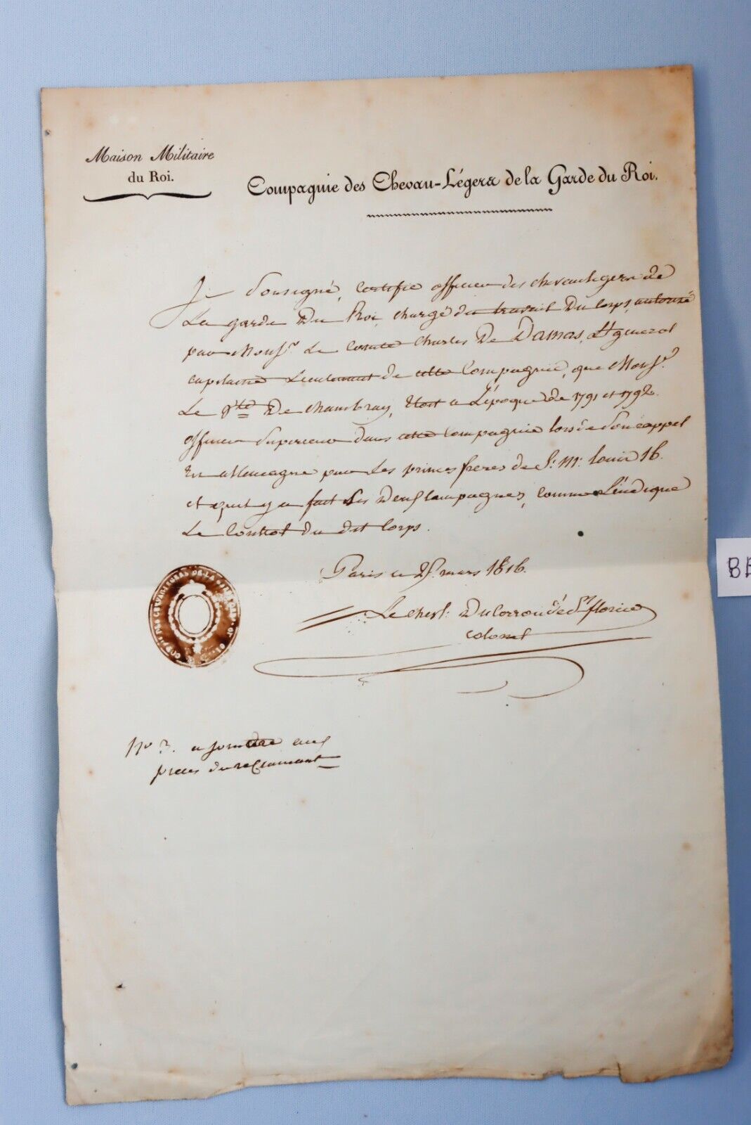 1816 France Certificate of Service Kings Guard Louis XVIII Napoleon Waterloo War