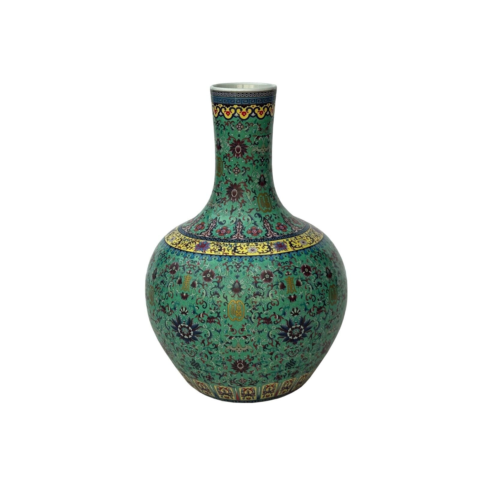 Vintage Chinese Turquoise Ceramic Enamel Flower Birds Theme Fat Vase ws3532