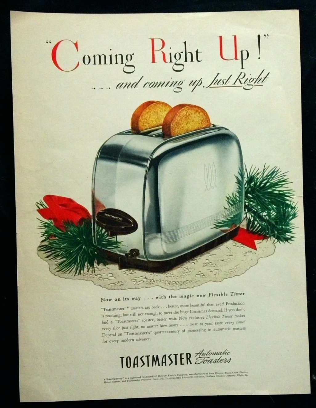1945 Toastmaster Toaster Vintage art print ad Flexible Timer