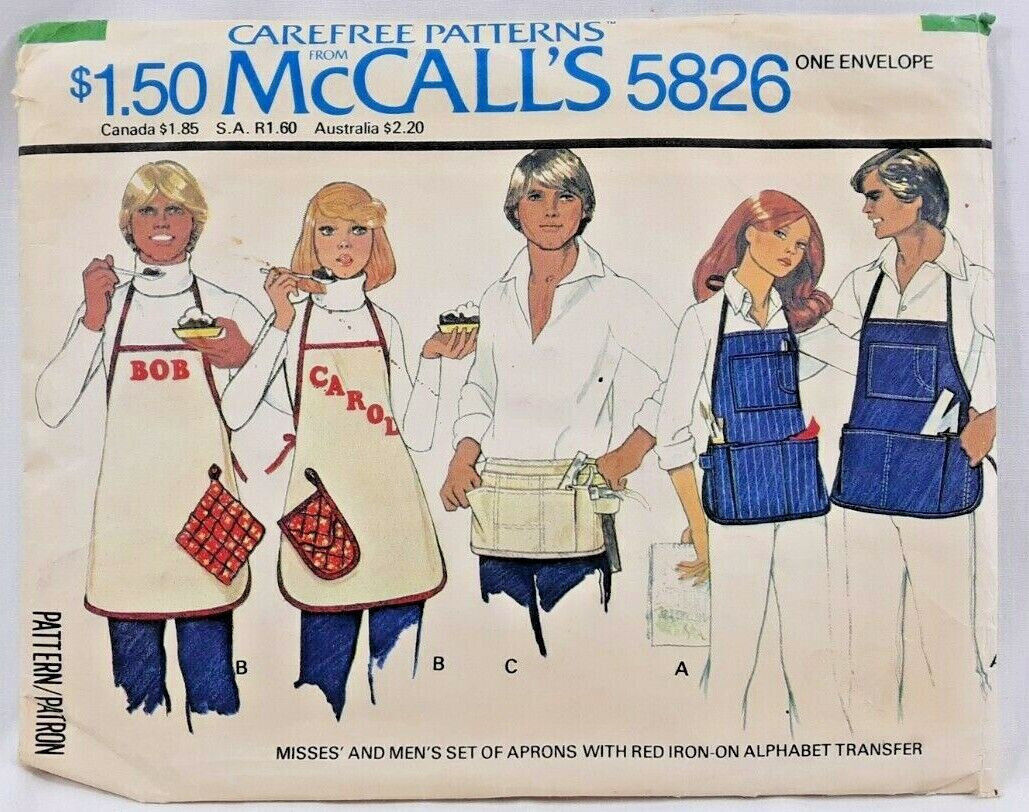 1977 McCalls Sewing Pattern 5826 Mens & Womens Aprons 3 Styles One Size Vtg 6329