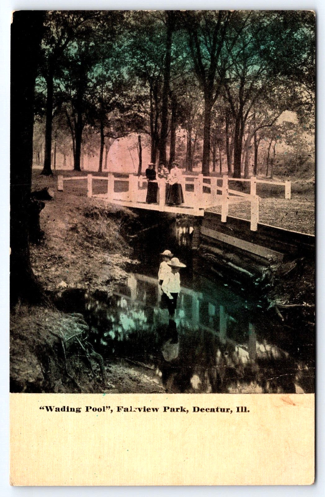 Original Old Vintage Antique Postcard Wading Pool Fairview Park Decatur Illinois
