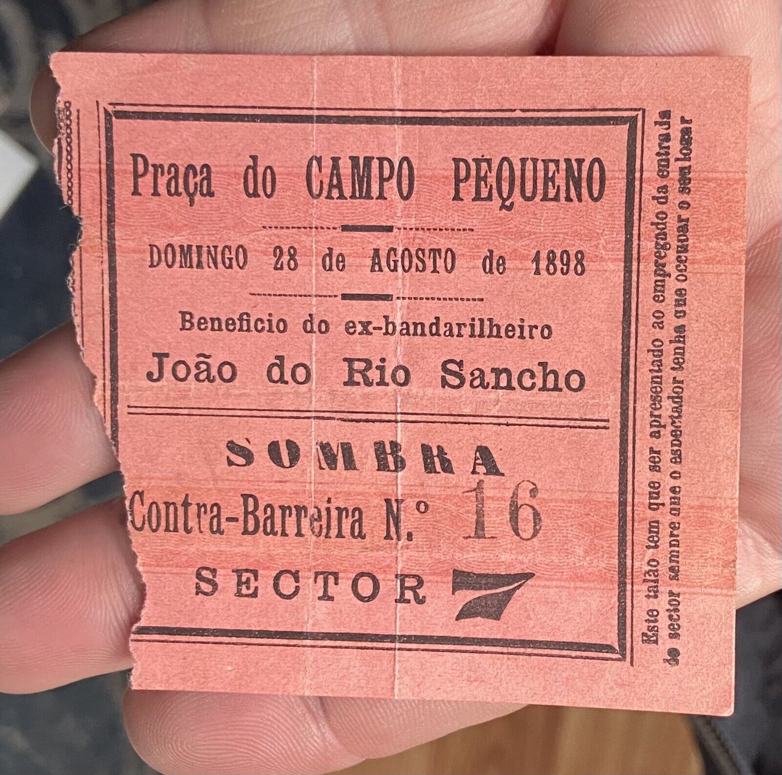 August 1898 Lisbon, Portugal BULLFIGHT Ticket Stub BENEFIT Praca do Campo Pequen