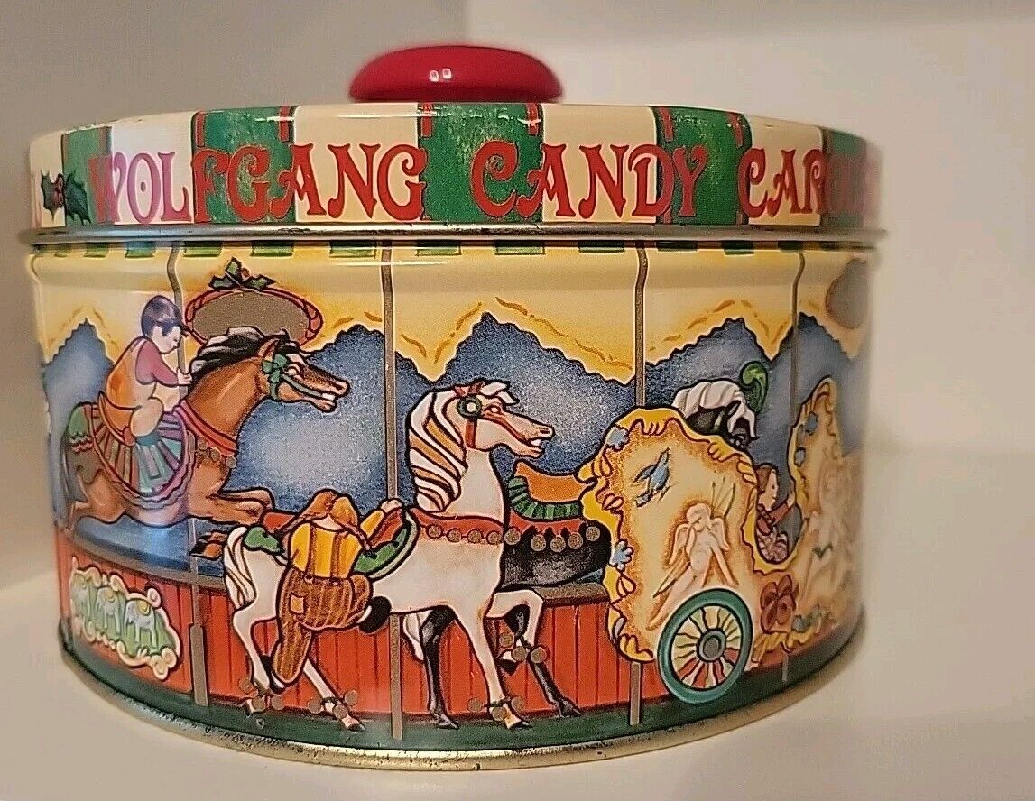 Vintage Wolfgang Chocolates York PA Round Metal Carousel Horses Tin Advertising