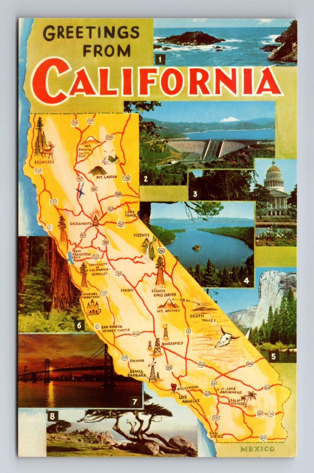 CA-California, General Map Greetings, Landmarks, Antique, Vintage Postcard