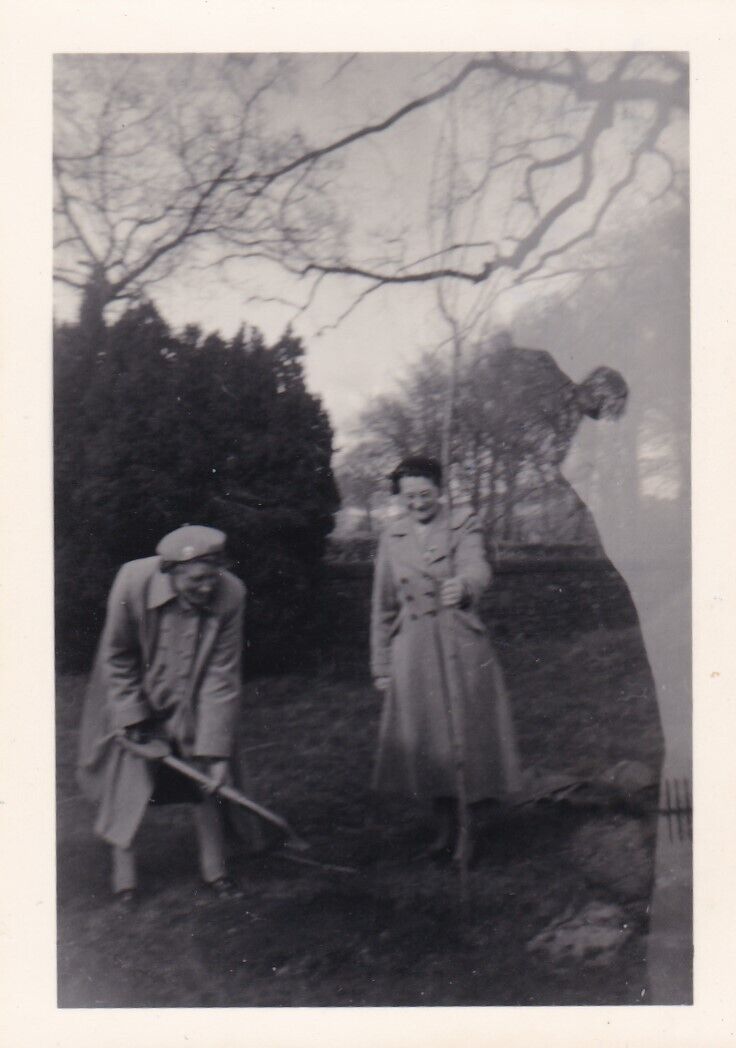 Interesting Vintage Snapshot Double Exposure Ladies Gardening Sideways Shadow