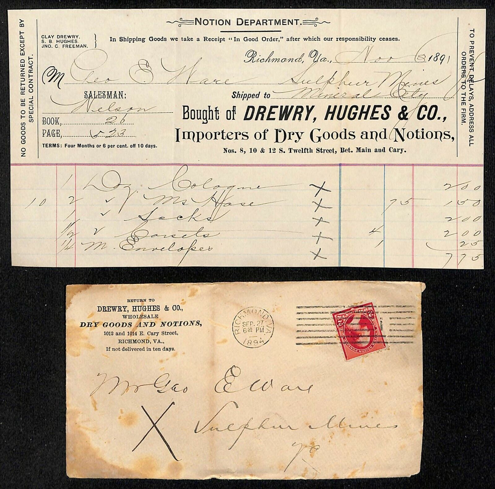 Scarce Letterhead Drewry, Hughes & Co. Richmond VA Dry Goods Geo. E. Wear 1891