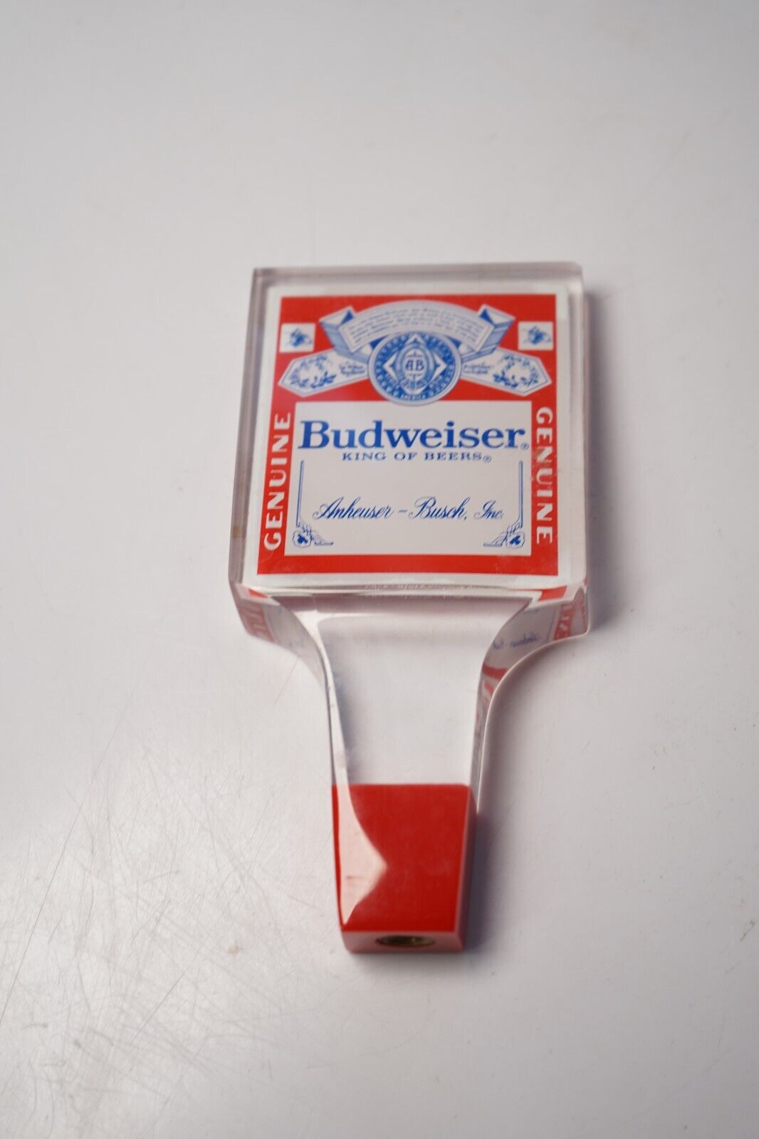 Acrylic BUDWEISER KING OF BEERS Beer Tap Handle Anheuser Bush Inc Vintage RED