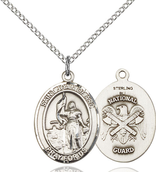 925 Sterling Silver St Joan Of Arc Nat\'l Guard Military Catholic Medal Necklace