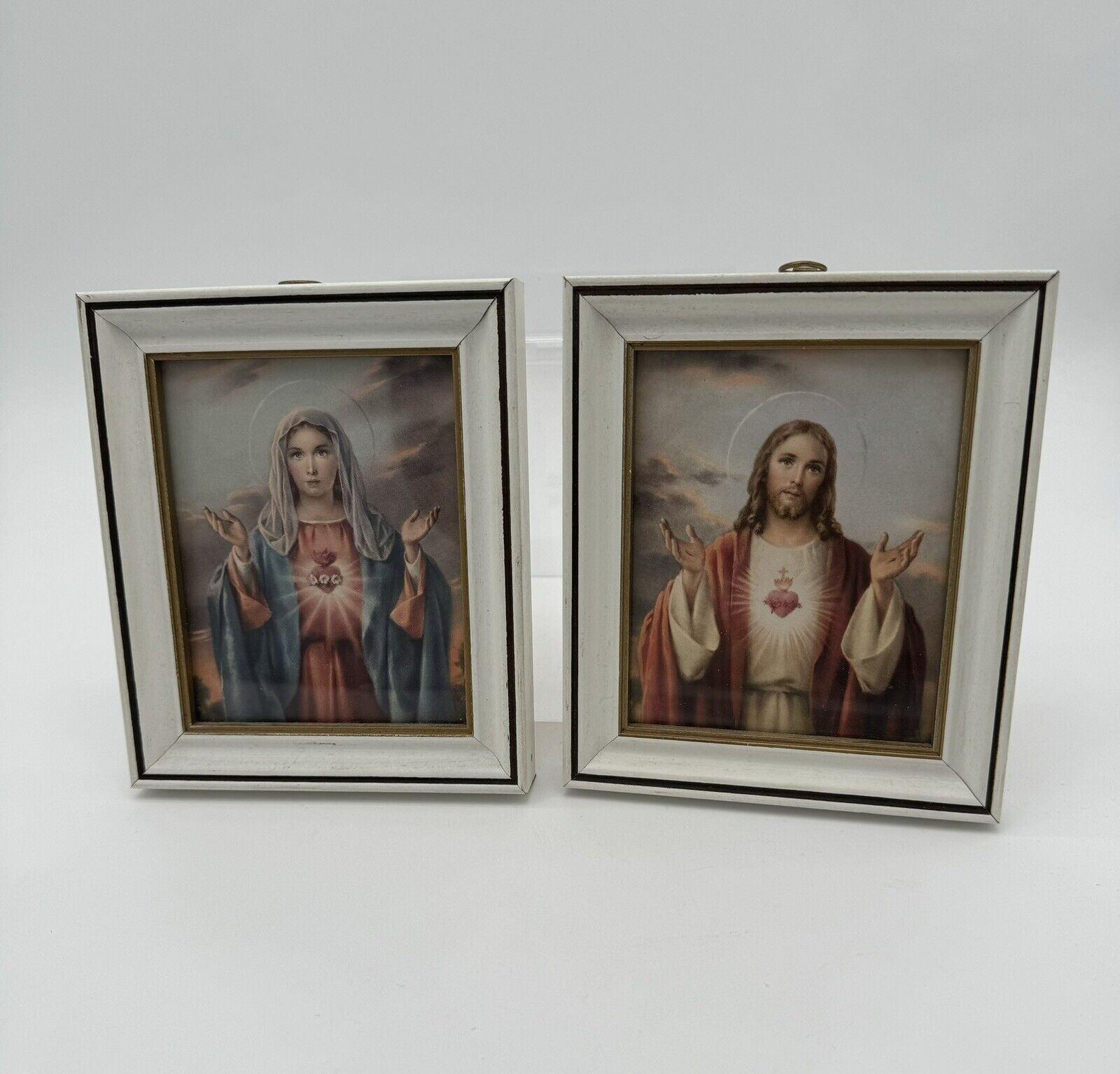 2 Vintage SACRED HEART of JESUS & Immaculate Heart Of Virgin MARY Framed PRINTS