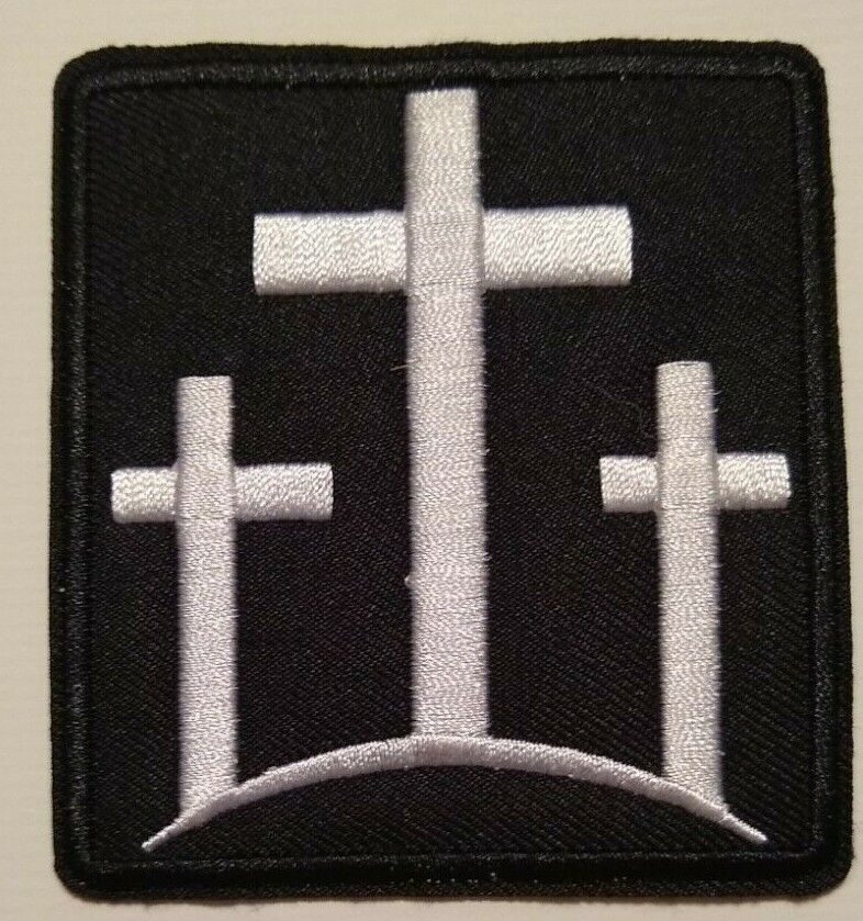 Christian~3 Three Crosses~Embroidered Patch~3 1/16 x 2 3/4~Jesus~Bible~Iron Sew 