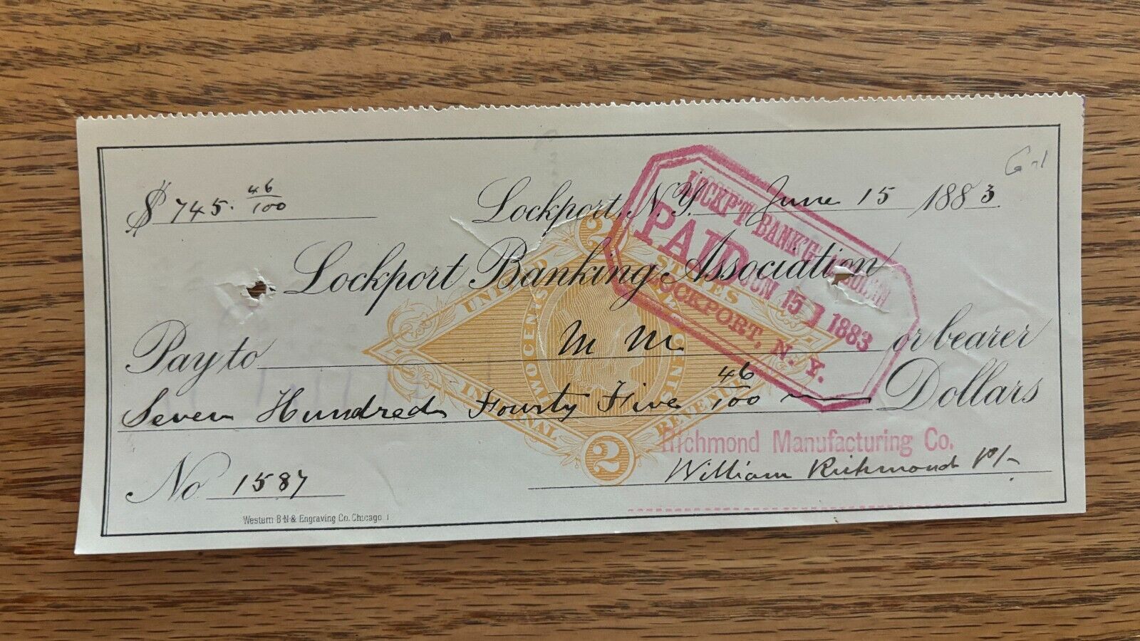 Lockport Banking Association Check New York  1883 w/ Revenue Stamp