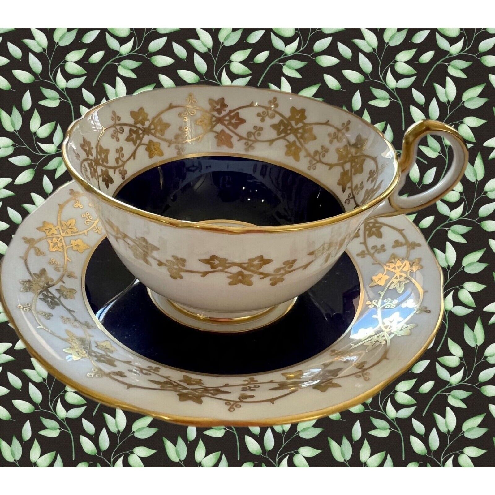 Vintage Aynsley Dark Cobalt Blue Navy And Gold Gilt Tea Cup And Saucer
