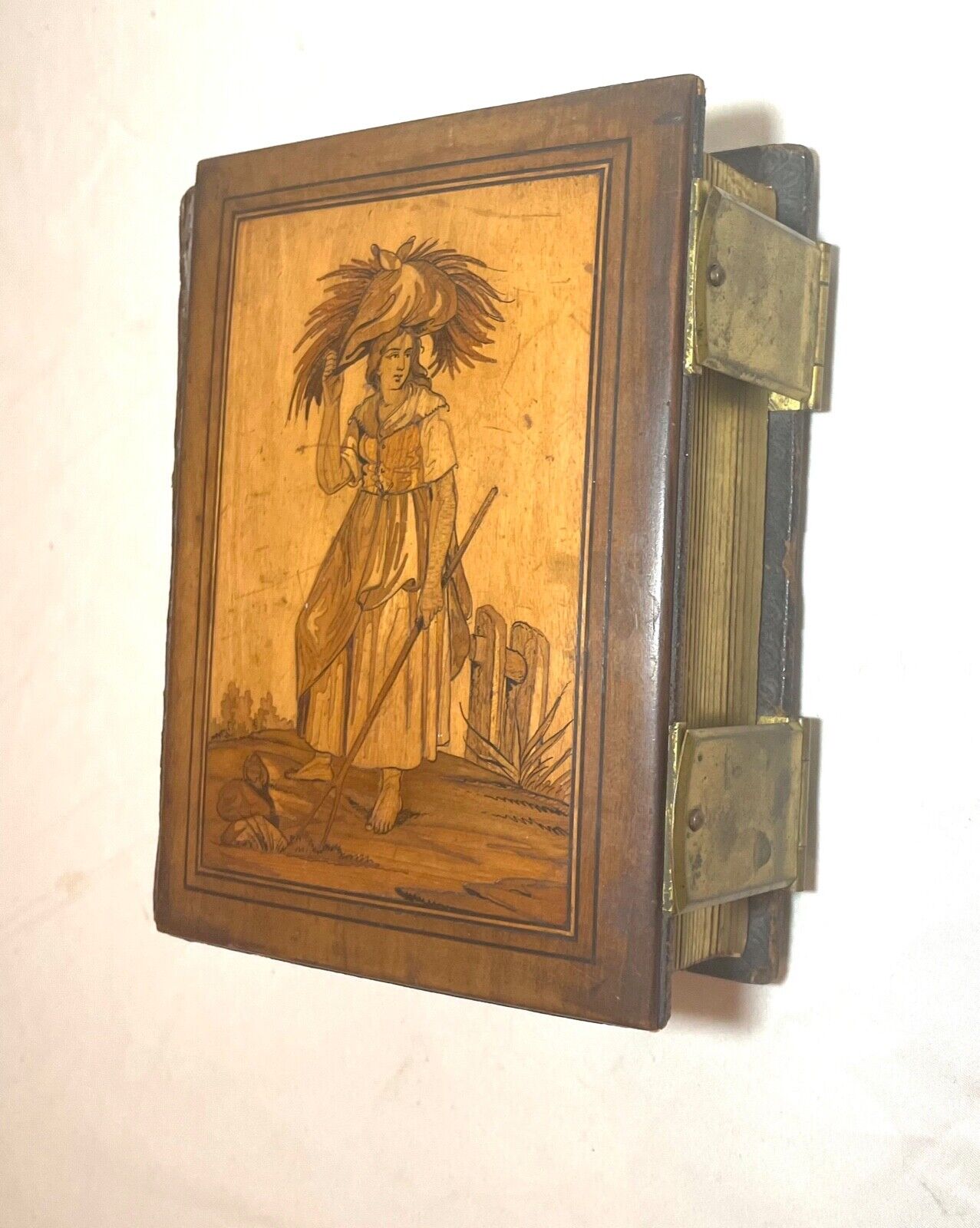 antique 1800's handmade inlaid marquetry wood brass photo album w/ photographs 