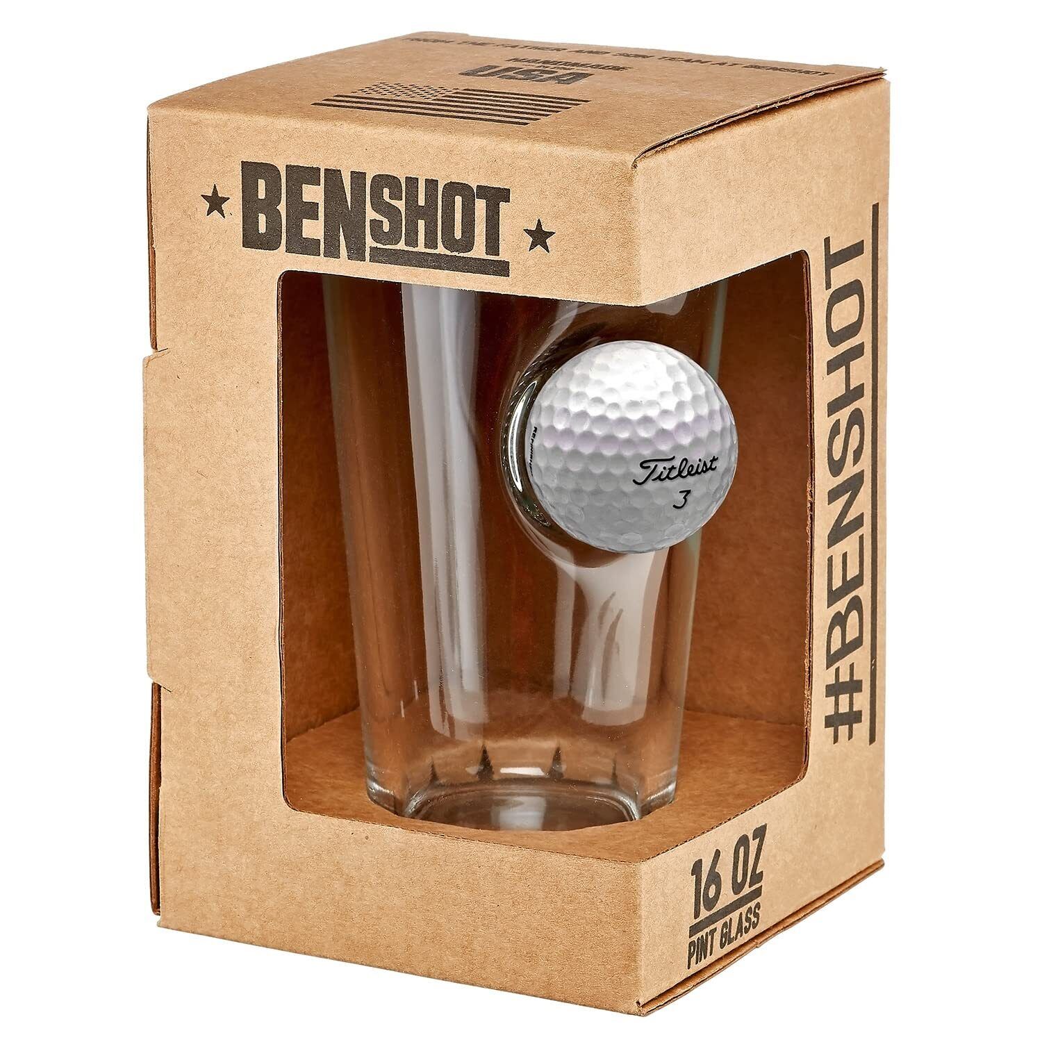 Original BenShot Pint Glass w/ Real Golf Ball Groomsmen Unique Man Gift