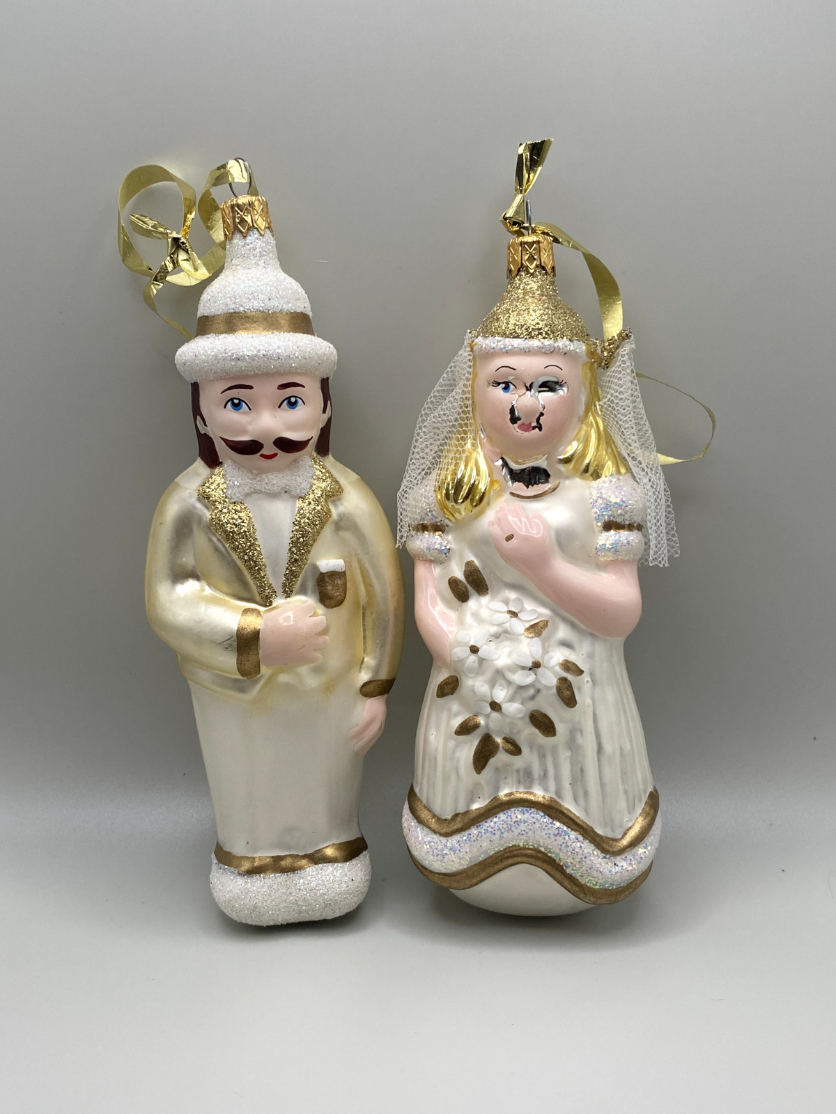 Vintage Blown Glass Bride and Groom Holiday Ornaments