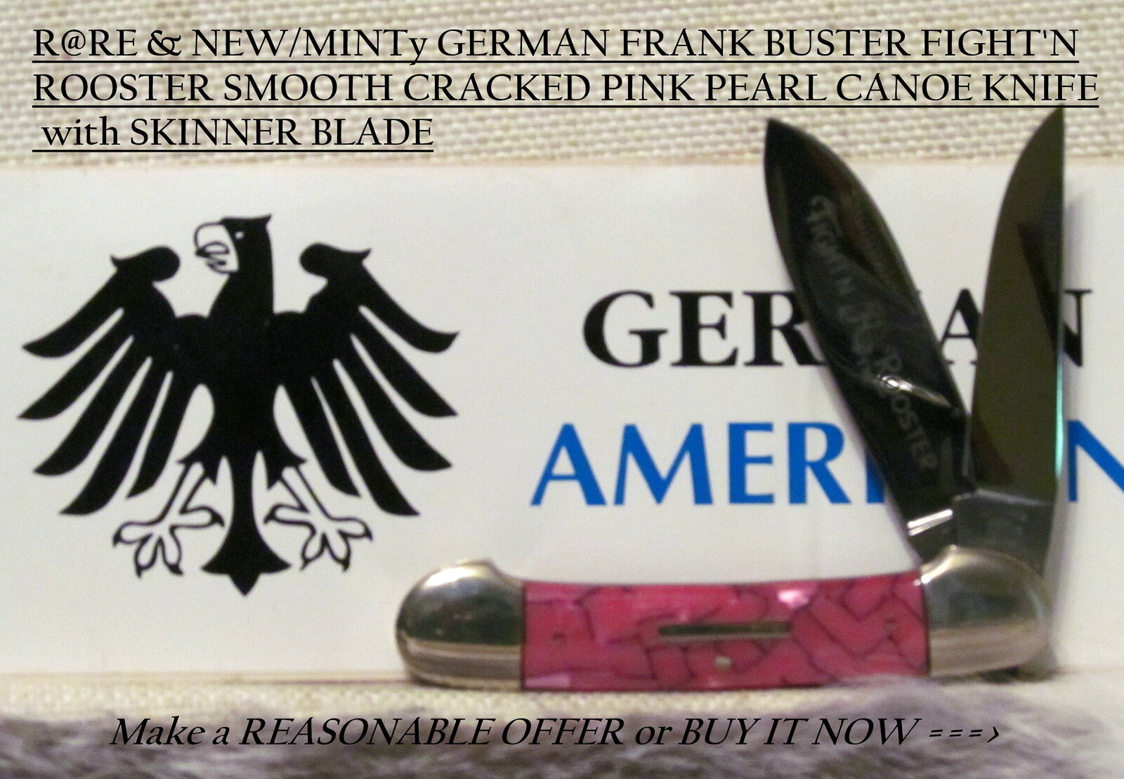 RARE NEW/MINTy GERMAN FRANK BUSTER FIGHT’N ROOSTER PINK CRACKED PEARL CANOE KNIF
