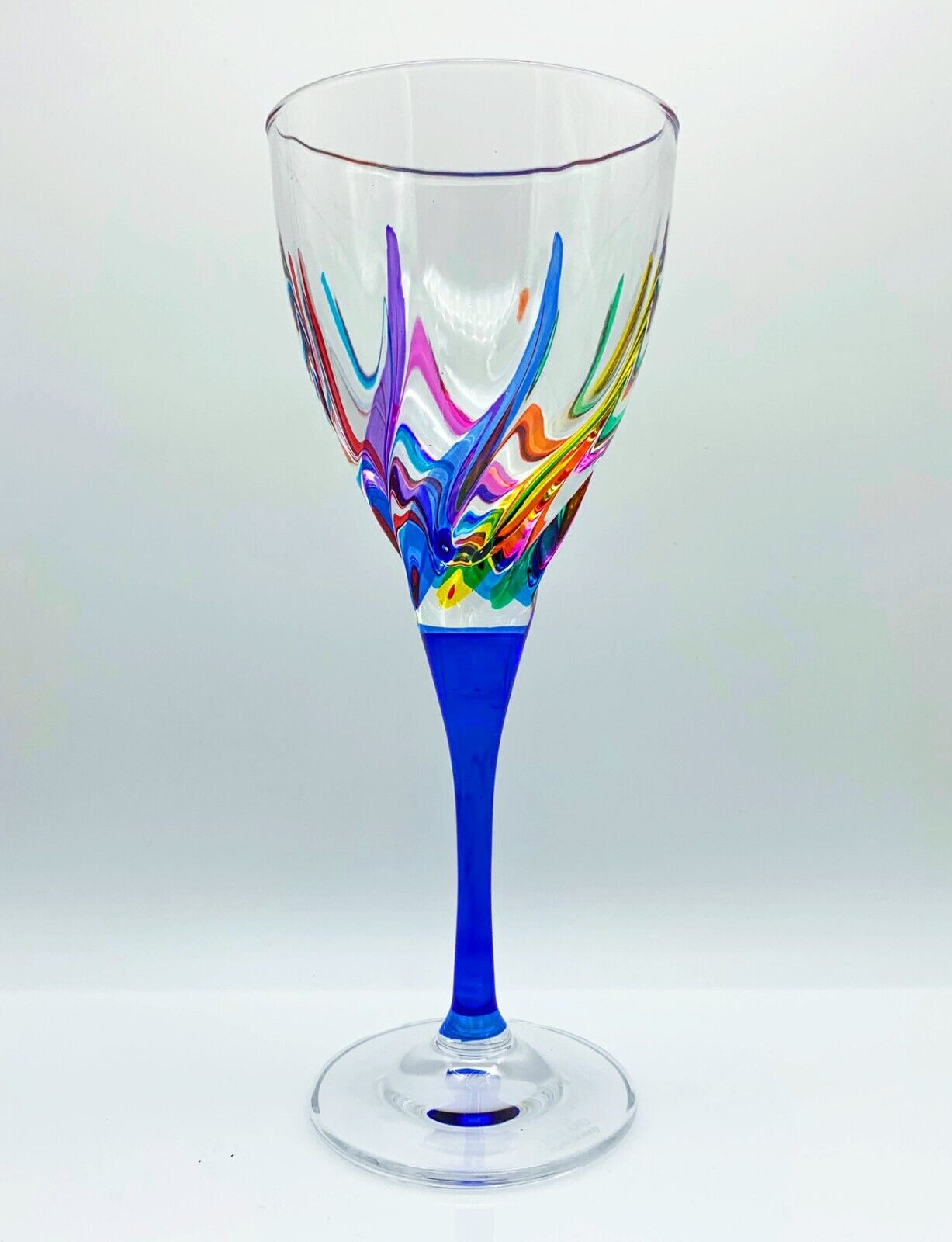 VENETIAN CARNEVALE WINE GLASS - BLUE STEM - HAND PAINTED CRYSTAL