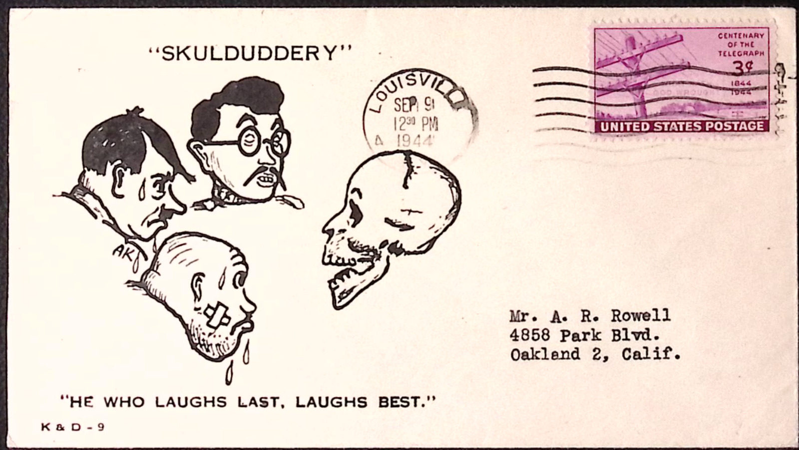 1944 World War 2 A. DONALDSON Illustrated Envelope He Who Laughs Last Laugh Best