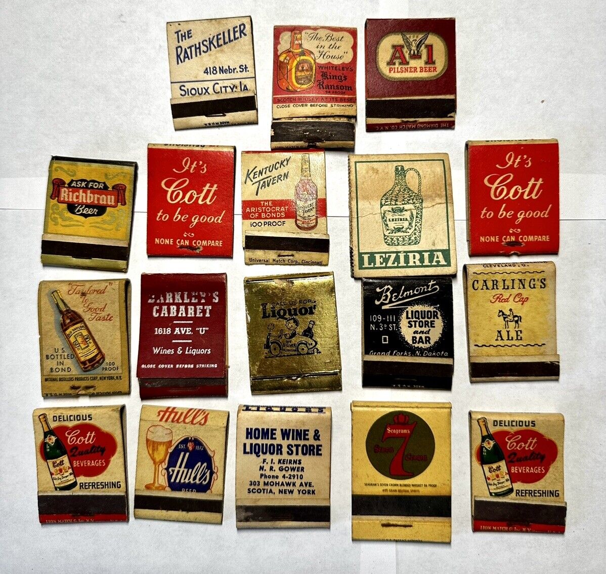 Vintage Matchbooks Lot: 18 Alcoholic Beverages, Liquor, Seagrams, Hulls, Cott