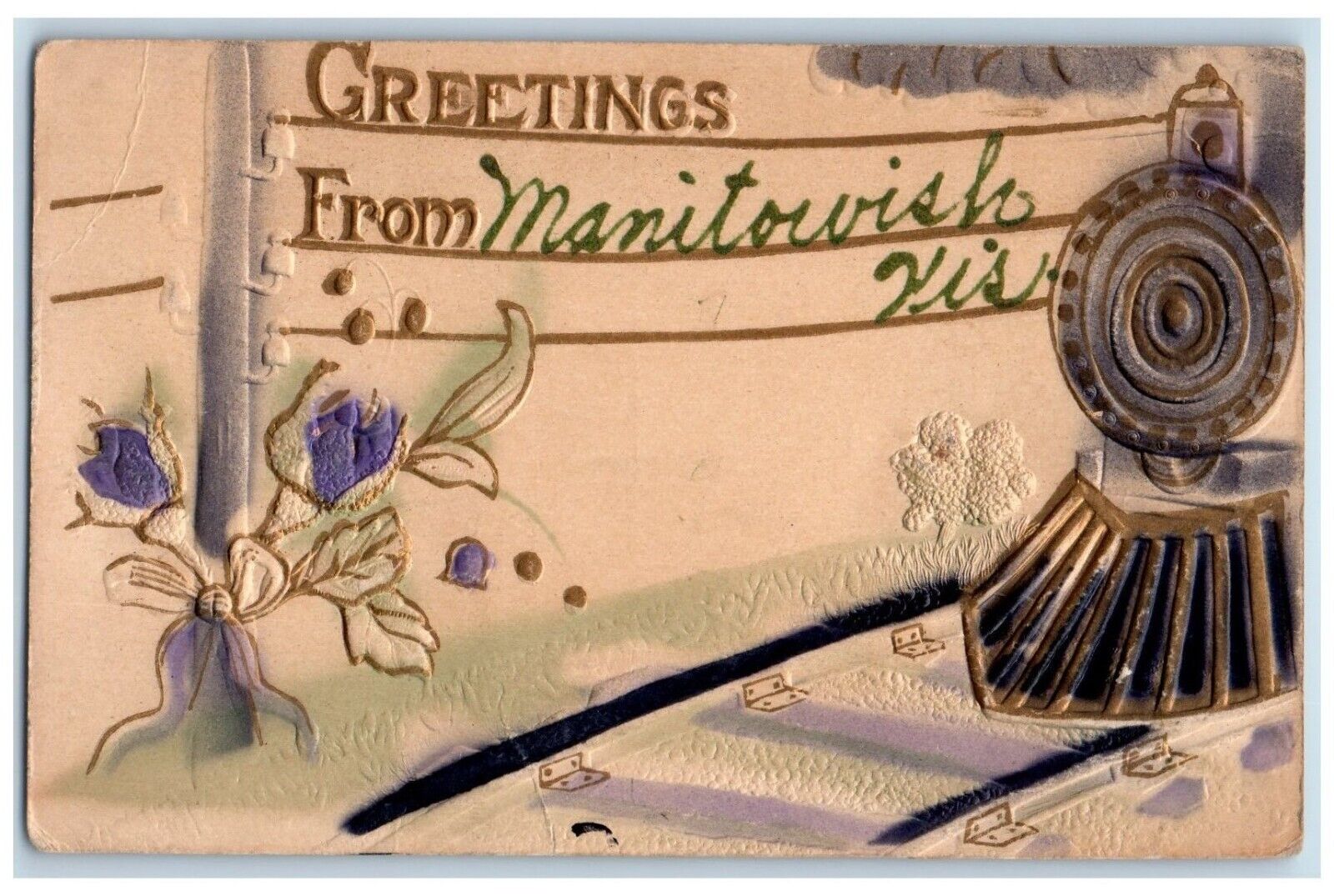 1913 Greetings From Manitowish Locomotive Airbrush Embossed Wisconsin Postcard
