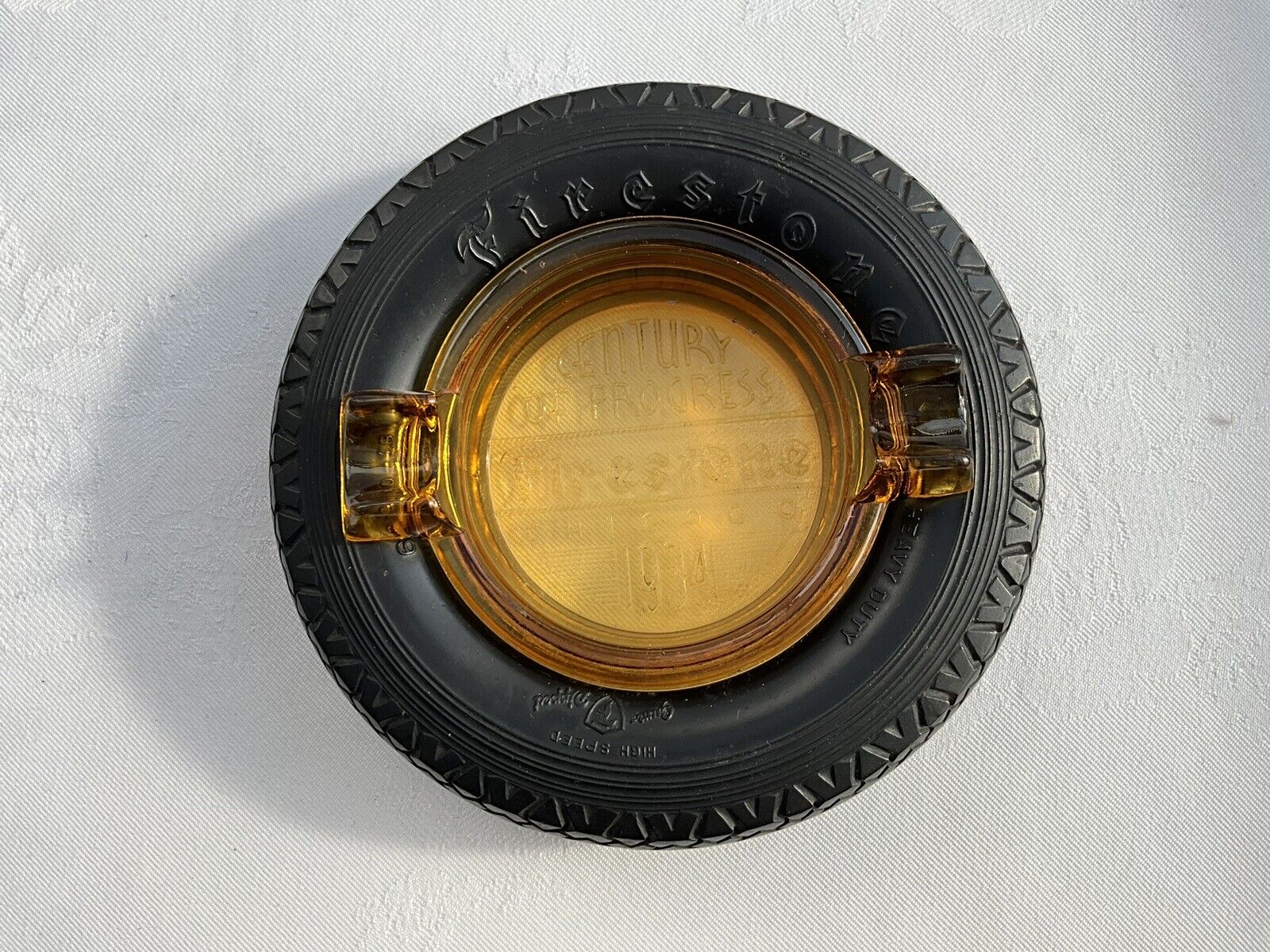Firestone Tire Amber Glass Ashtray 1934 CENTURY OF PROGRESS Chicago World\'s Fair