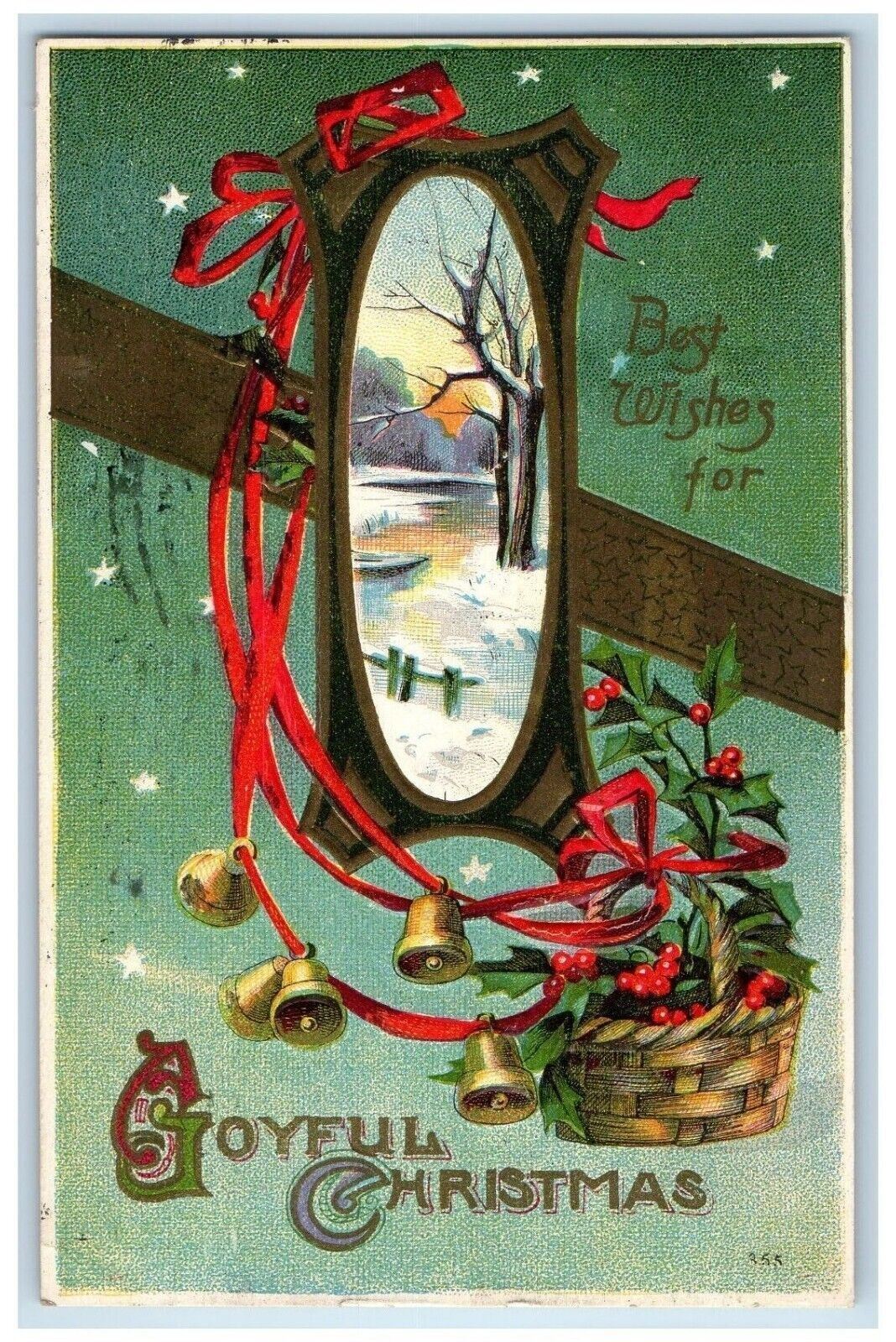 1911 Christmas Bells Holly Berries In Basket Embossed Freeport IL Postcard