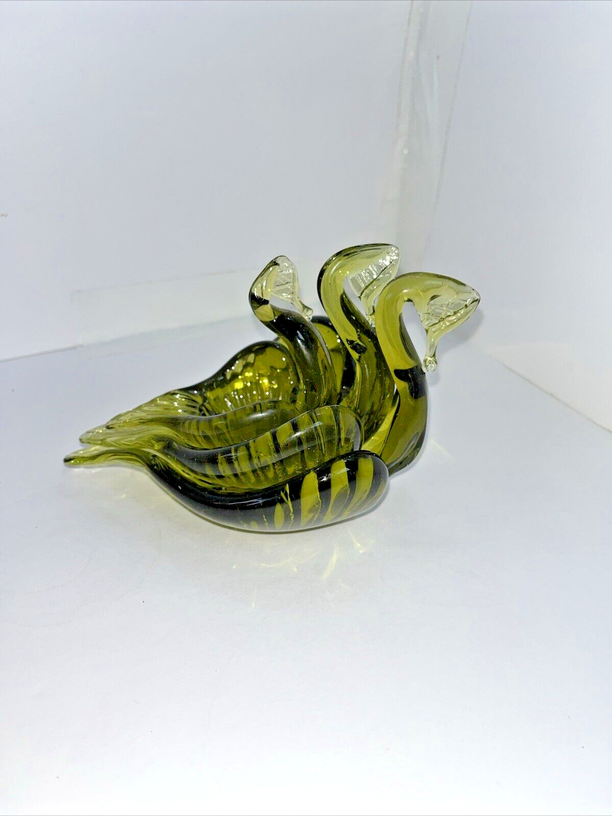 3Vtg 60’s Italian Hand Blown Glass Art Olive Green Nesting Swans Trinket Dishes