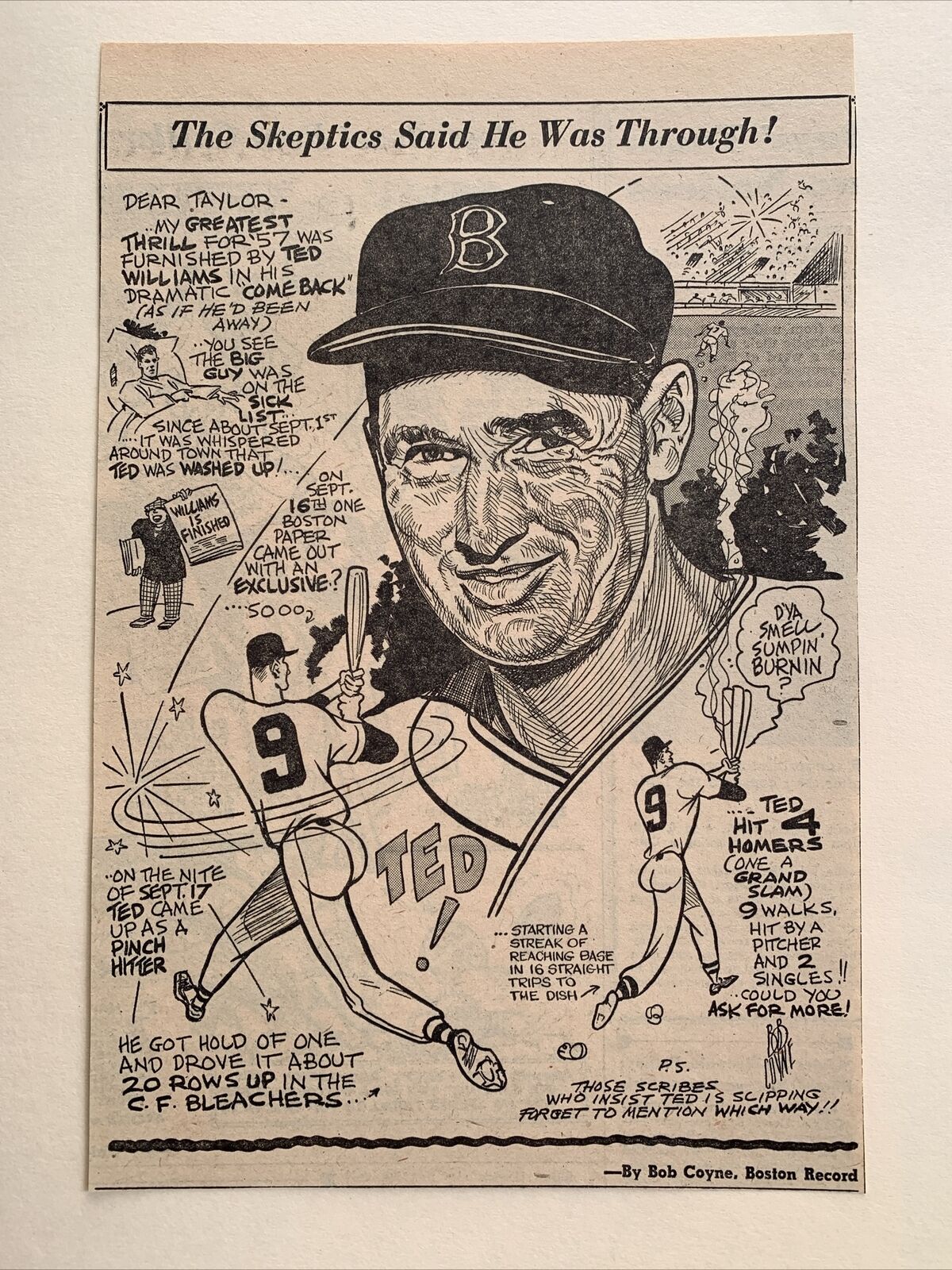Ted Williams Skeptics Boston Red Sox 1958 Sporting News Baseball 6X9 Cartoon