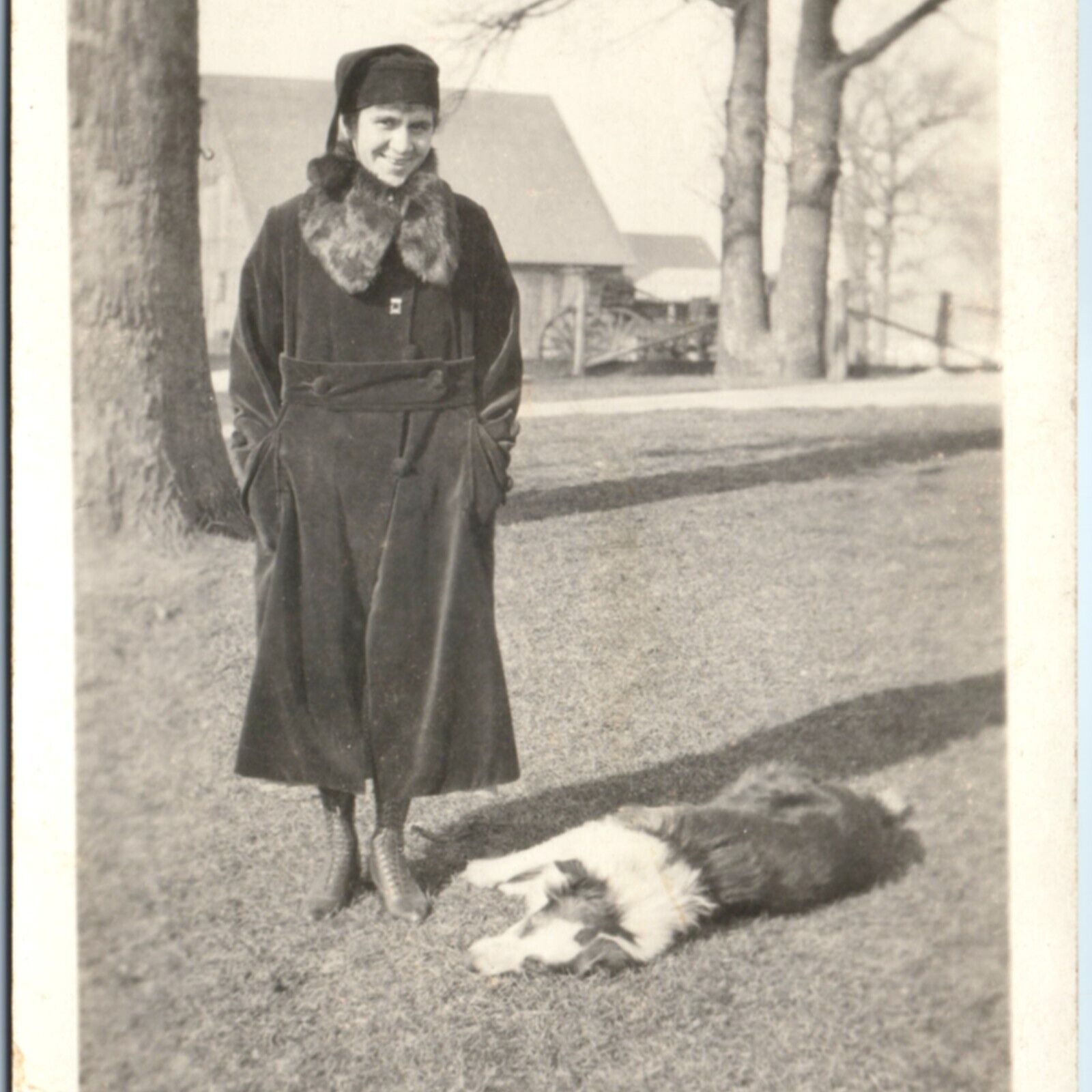 c1920s Woman w/ Cute Happy Collie Dog RPPC Winter Coat Photo Farm Barn Vtg A156
