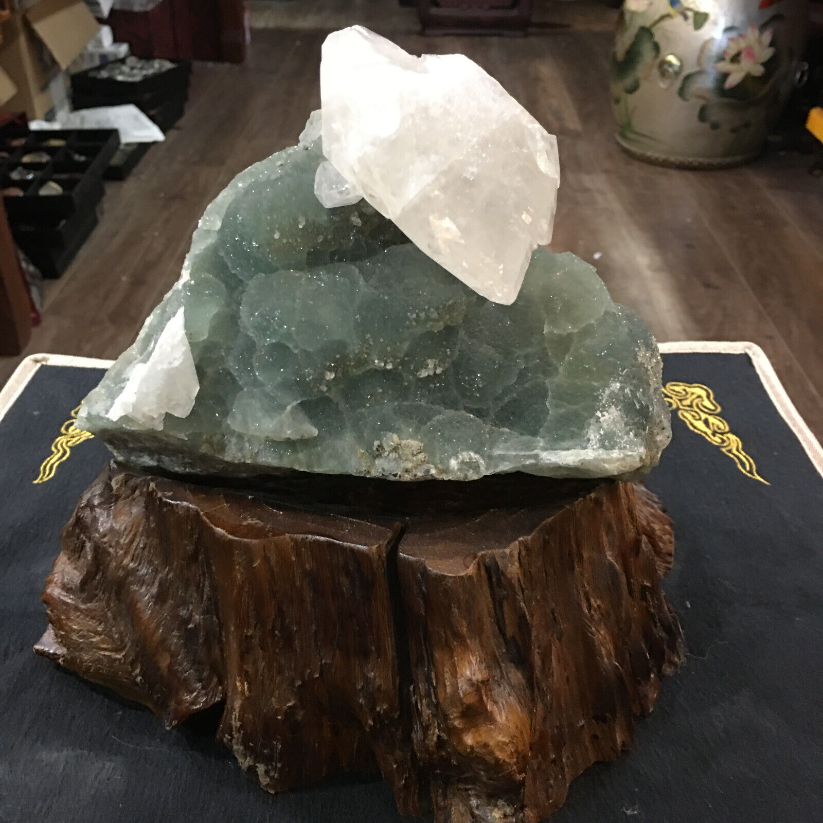 8.44LB Top Natural Flourite+Clear Quartz Crystal Cluster Mineral Specimen+Stand