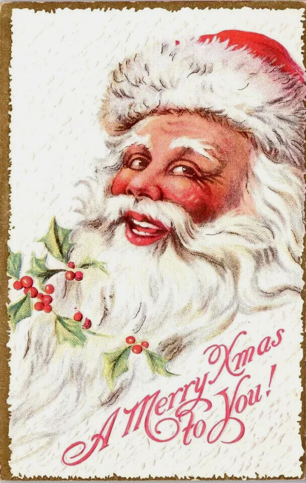 Happy Smiling Santa Claus with Holly Antique Christmas Postcard~k212