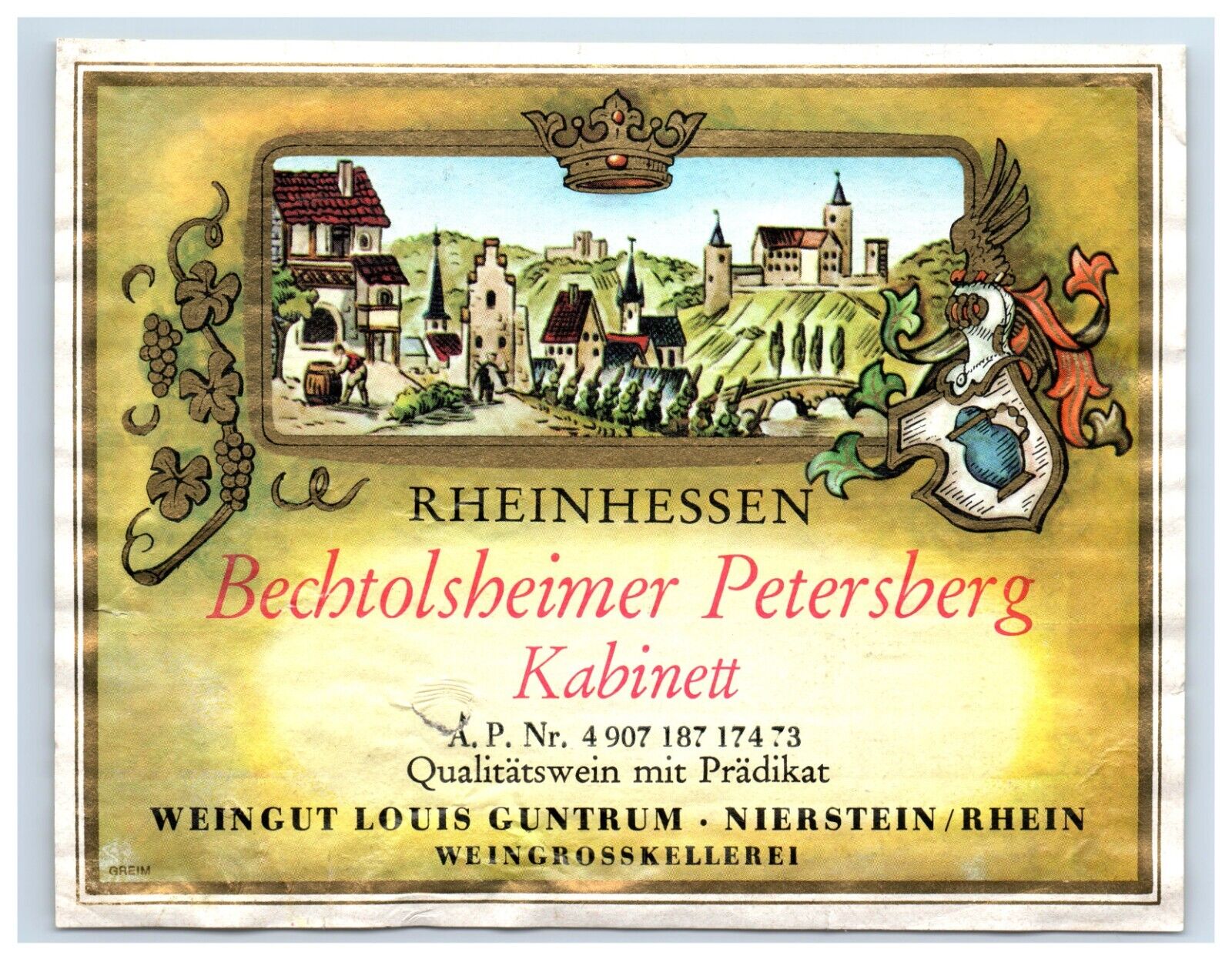 1960\'s-80\'s Rheinhessen Bechtolsheimer Petersberg Kabinet German Wine Label S67E