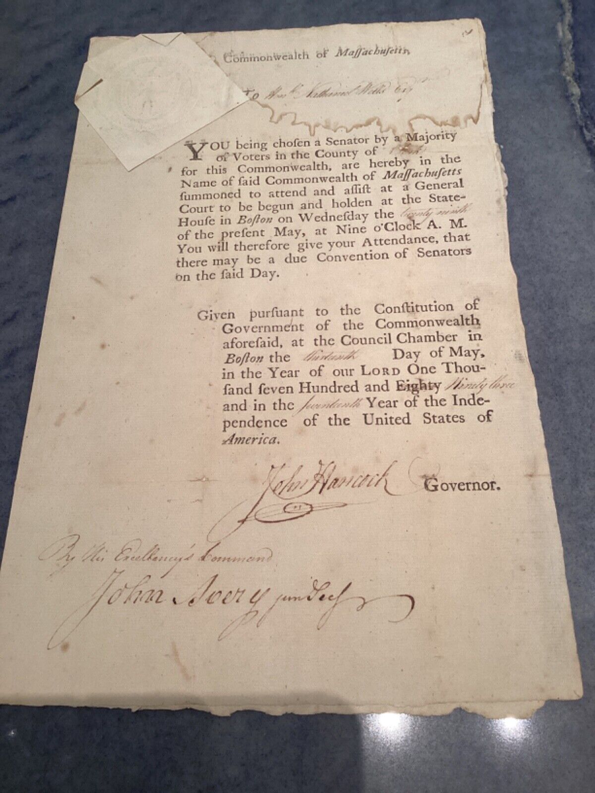 John Hancock- RARE Signed Document as Governor of Massachusetts 1793