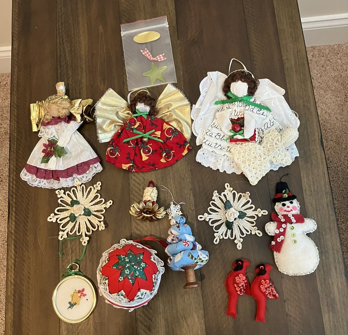 Lot Of 14 Handmade Christmas Ornaments Angels Crocheted Sequins Quilted….