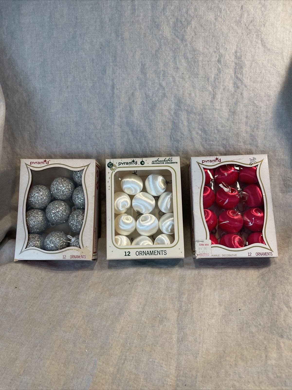 3 Box Vintage Pyramid Unbreakable Ornaments Mini Small 1-1/4” Size Satin Glitter