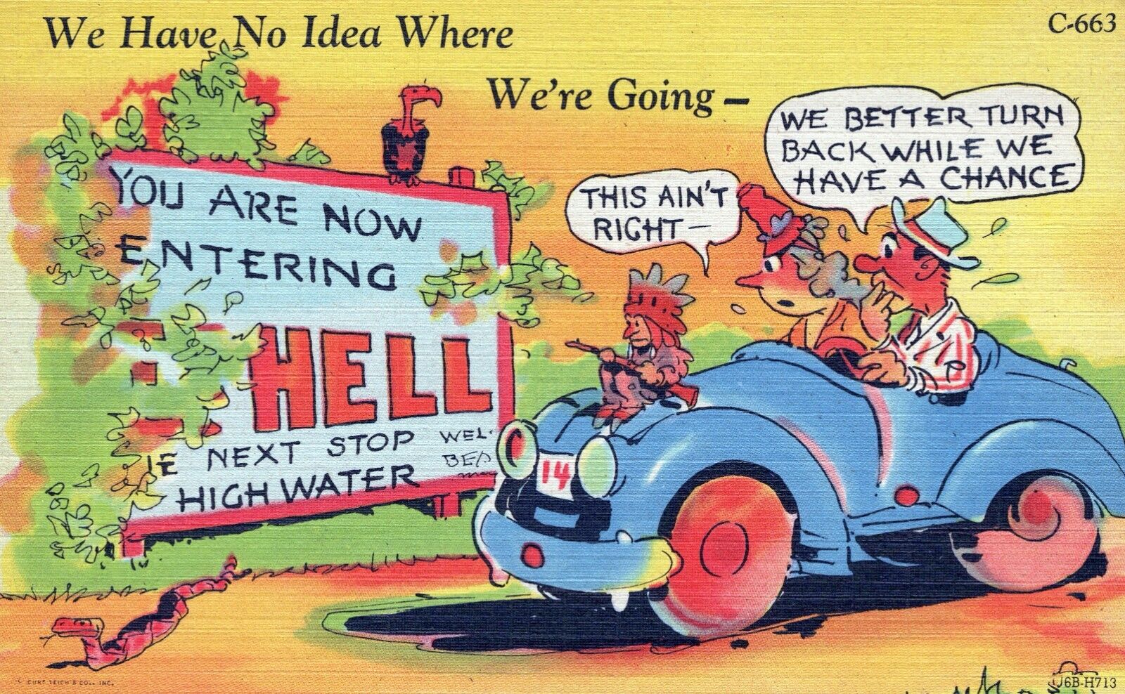 We Have No Idea Where We\'re Going. Unposted Linen Comic, Humor & Funny Postcard