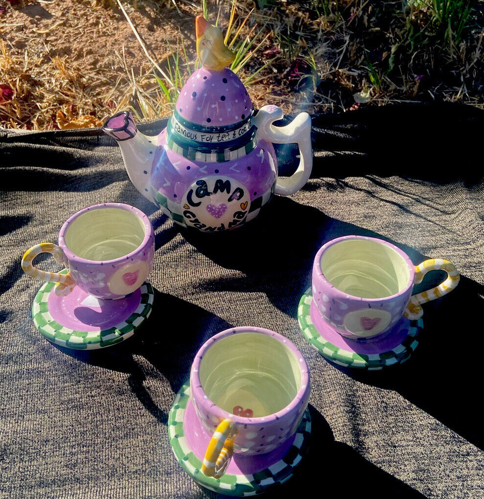 6” Camp Grandma Mini Tea Set Collection Teapot 2-Cups/Saucers