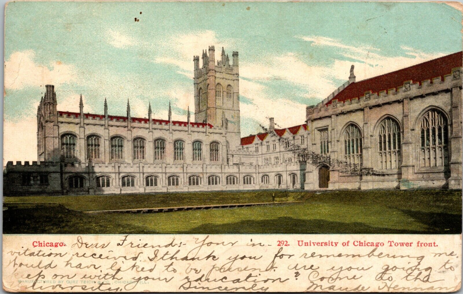 IL, University of Chicago, Hutchinson Court Tower Group Postcard