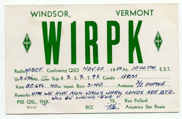 Windsor VT c1950 QSL Amateur Radio Card Vermont