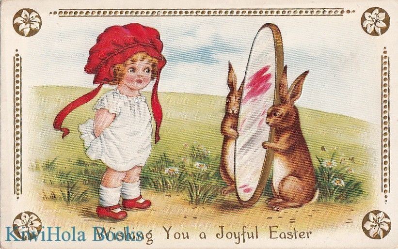 Postcard Wishing You a Joyful Easter Little Girl Mirror Rabbits 
