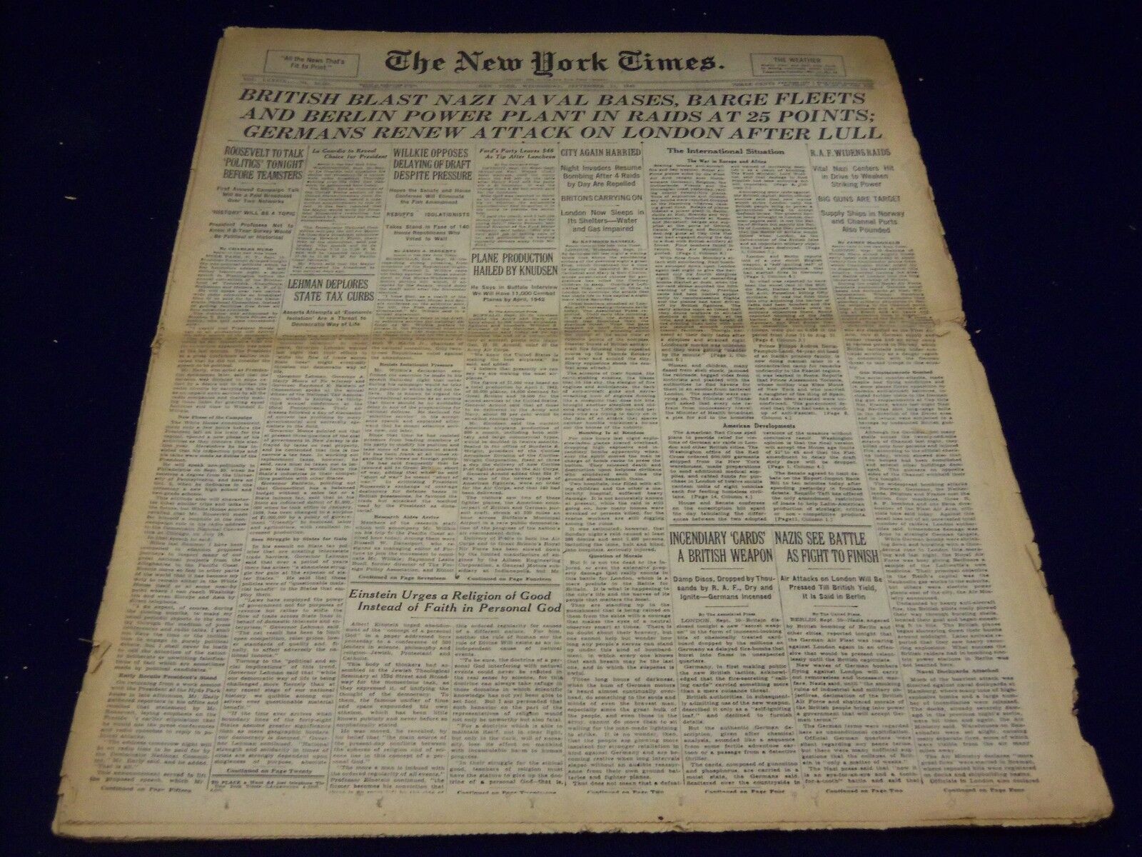 1940 SEPTEMBER 11 NEW YORK TIMES - BLAST NAZI NAVAL BASES - NT 2932