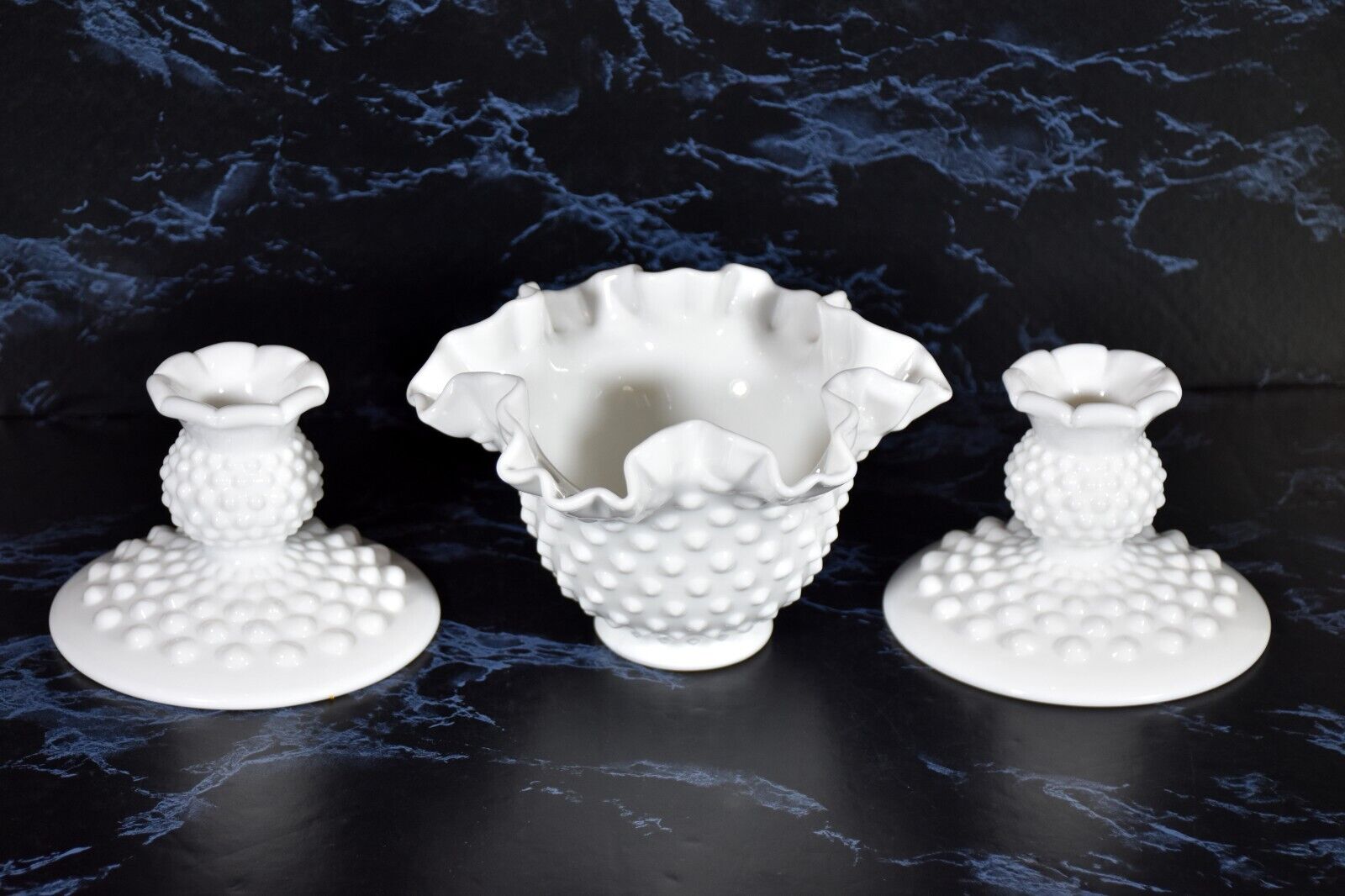 Fenton Hobnail Milk  Glass Double Crimped Rose Bowl Vase Matching Candlsticks+$