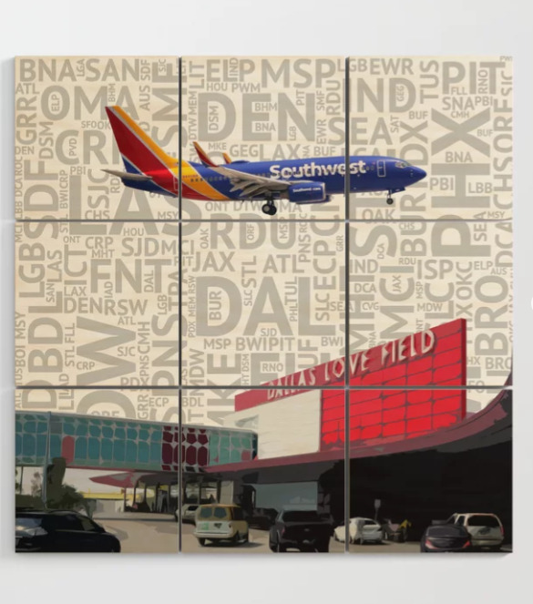 Southwest Airlines 737 over Dallas Love Field - 3\' x 3\' Wood Wall Art
