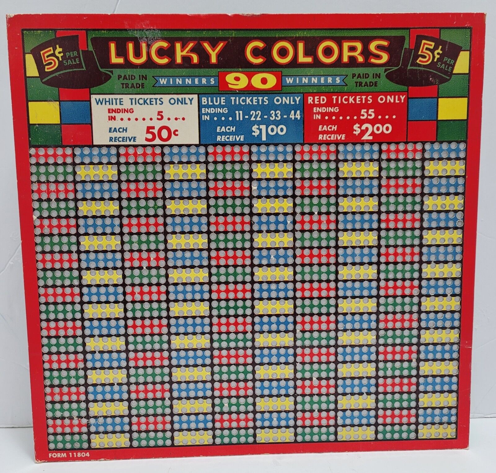 VINTAGE LUCKY COLORS PUNCH BOARD UNPUNCHED WITH ORIGINAL PUNCH KEY