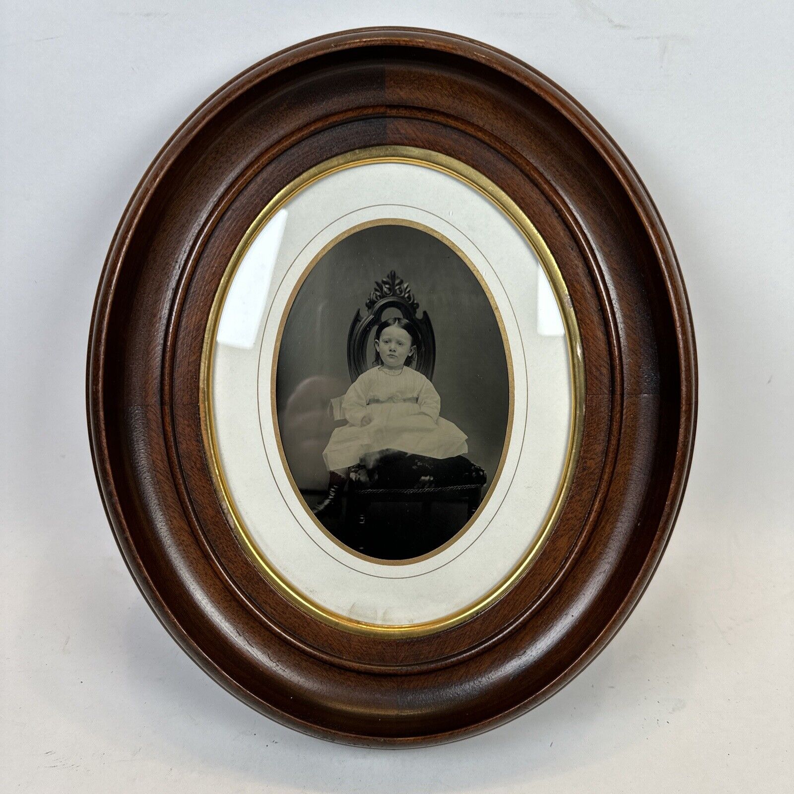 Antique Victorian Oval Wood Framed Photograph Of Child - 11.5” x 13.5”